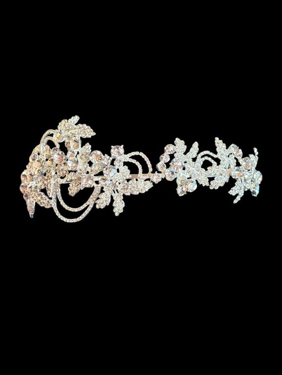 Large Silver Rhinestone/Crystal Asymetrical Filigree Bridal Headband main image 9